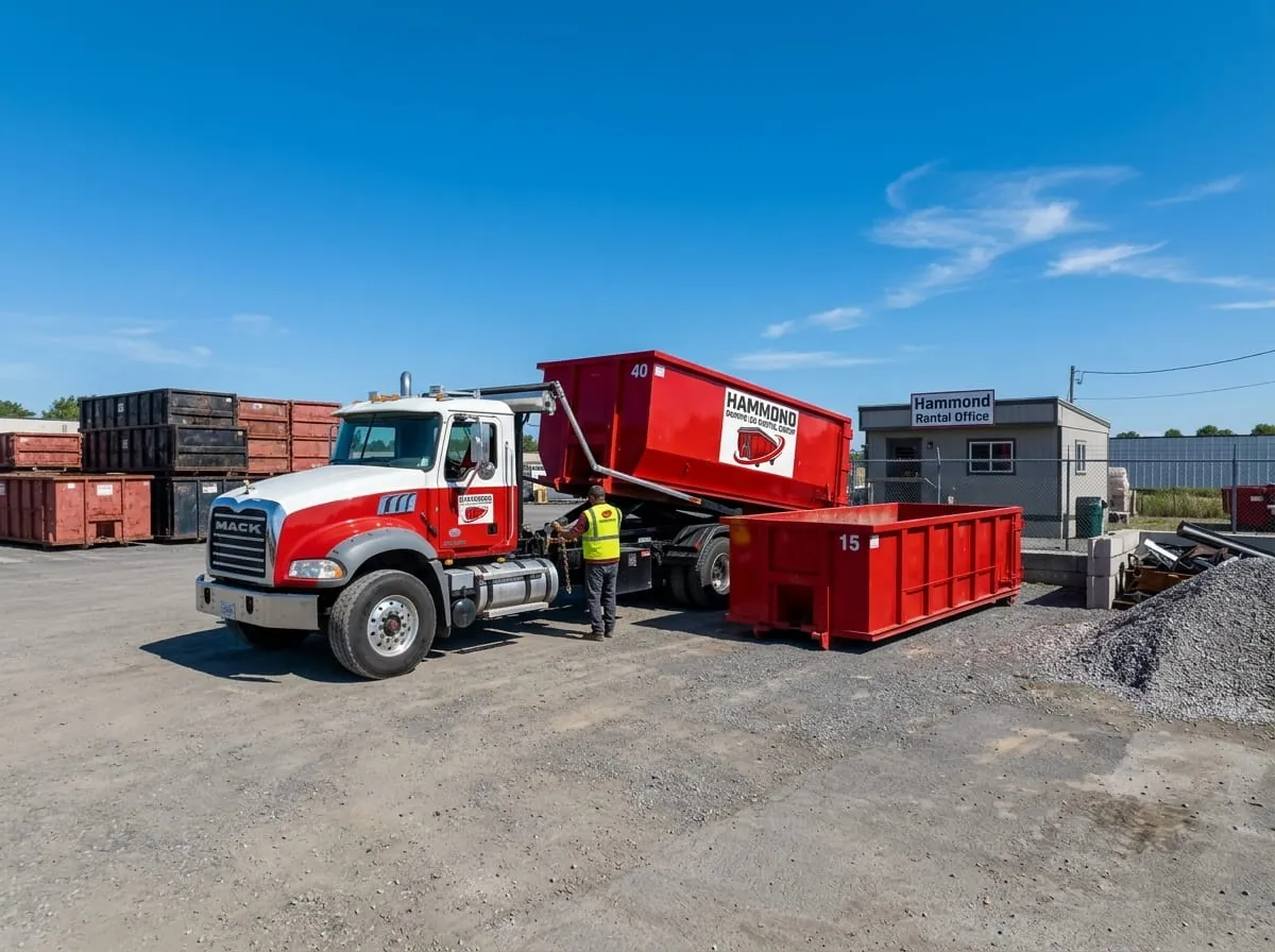 Hammond Dumpster Rental Group roll-off truck fleet parked at the Hammond yard Hammond Dumpster Rental Group roll-off truck fleet parked at the Hammond yard