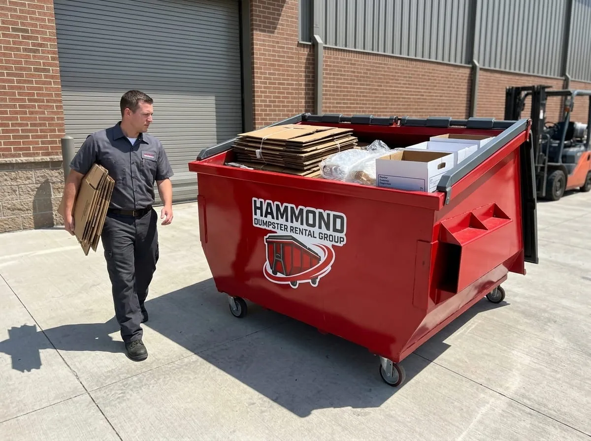 Furniture and household contents cleared into a dumpster during an estate cleanout in Hammond, Louisiana