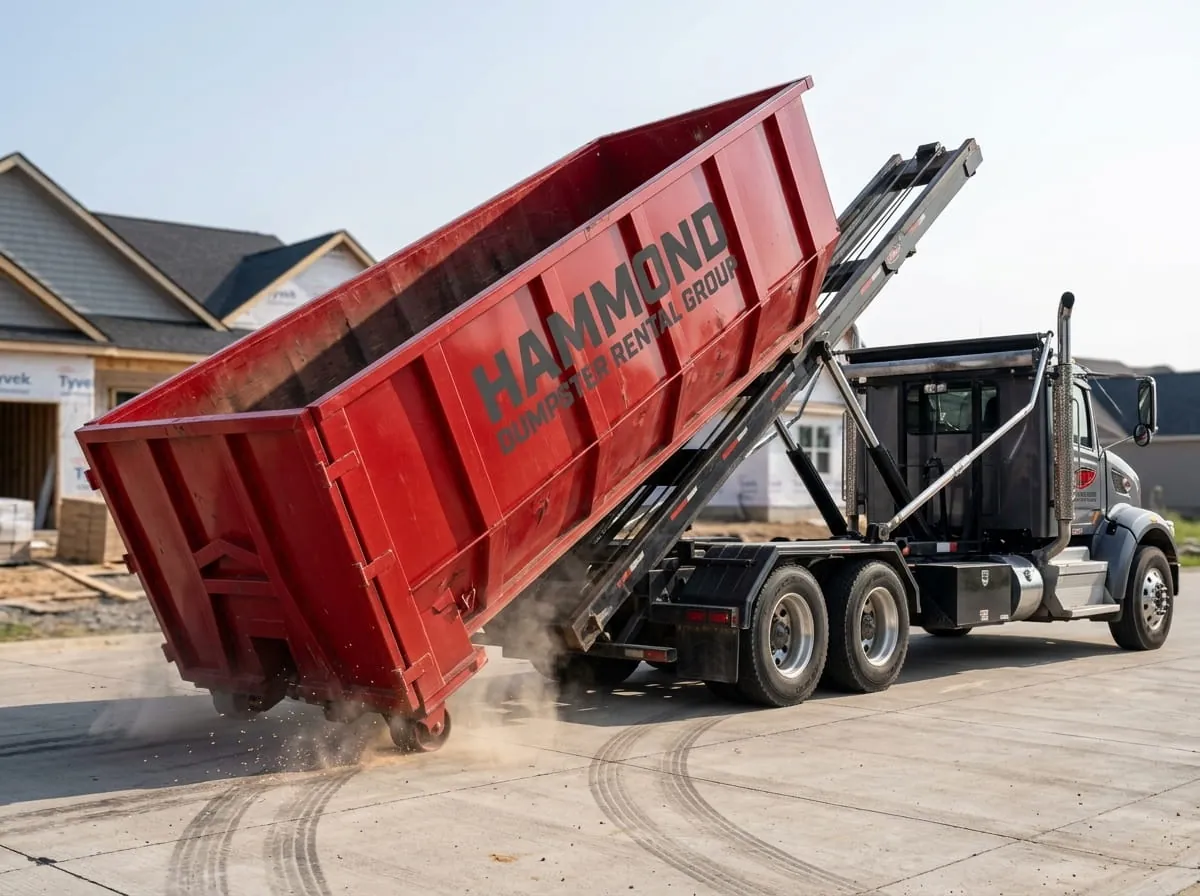 Roll-off truck lowering a red dumpster into position on a Hammond property Roll-off truck lowering a red dumpster into position on a Hammond property