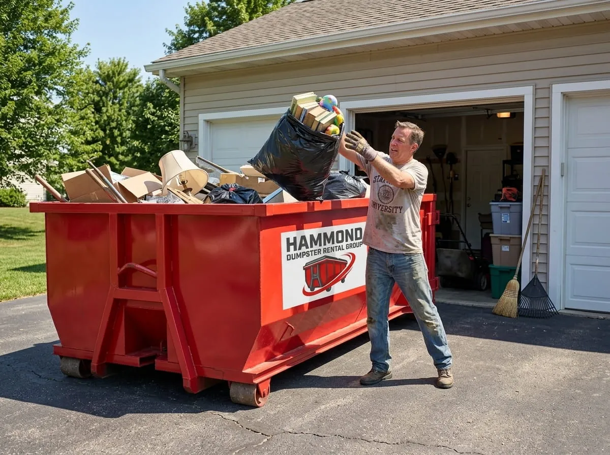 Roofing debris being loaded into a roll-off dumpster during a tear-off in Hammond, Louisiana
